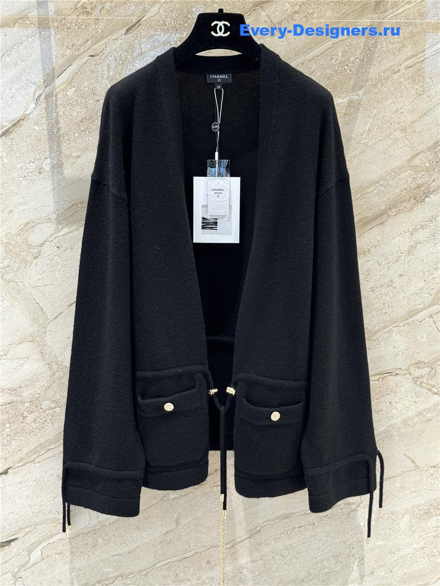 Ch**el black cashmere drawstring knit cardigan
