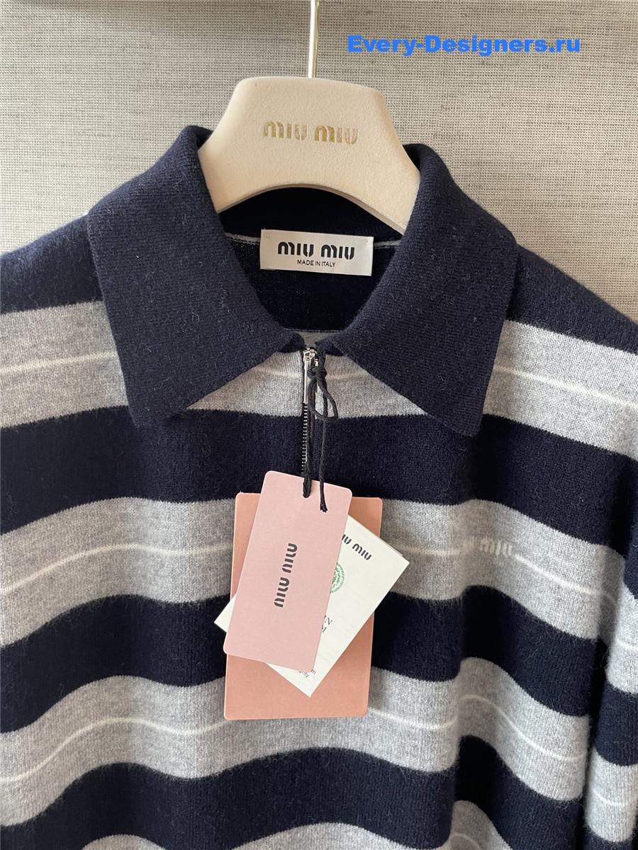 Miu Miu Navy Cashmere Polo Striped Sweater