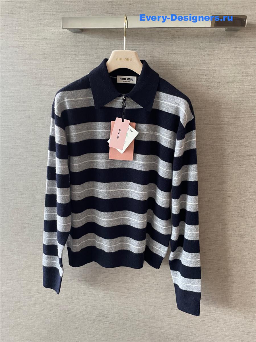 Miu Miu Navy Cashmere Polo Striped Sweater
