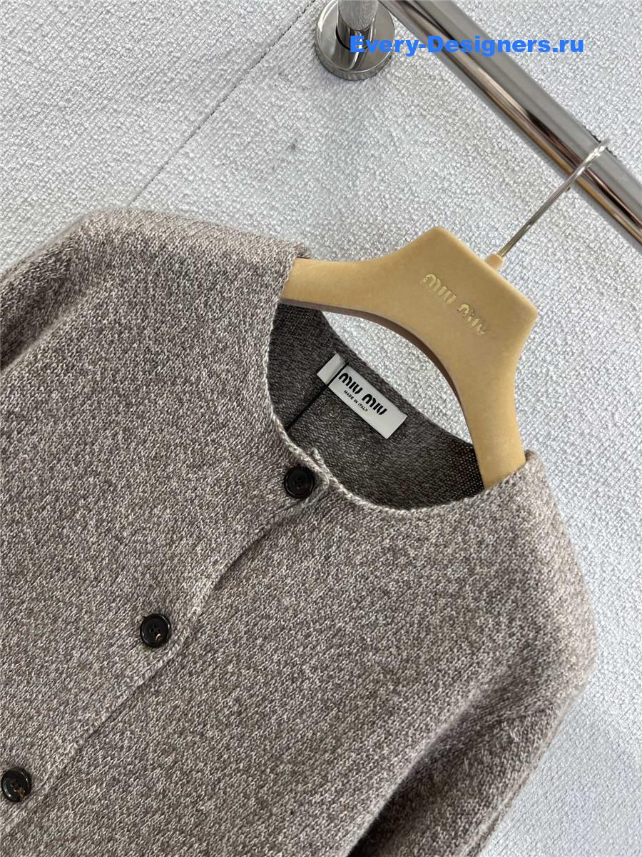 Miu Miu Light Brown Crew Neck Knit Cardigan