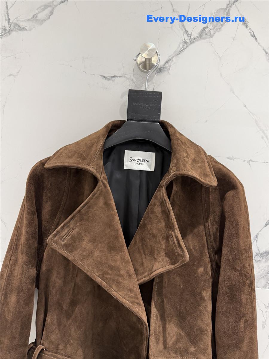 Sa1nt Lau*nt dark brown short suede trench coat