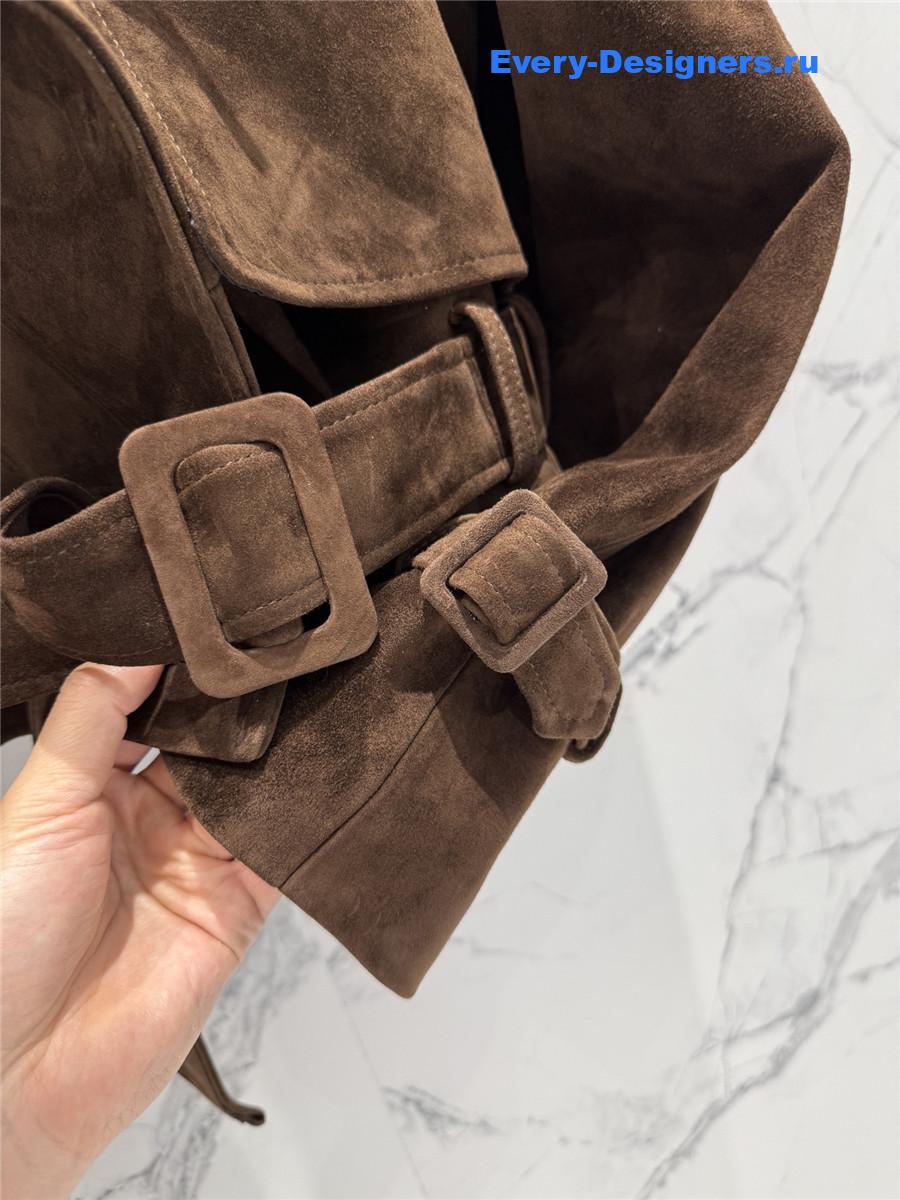 Sa1nt Lau*nt dark brown short suede trench coat