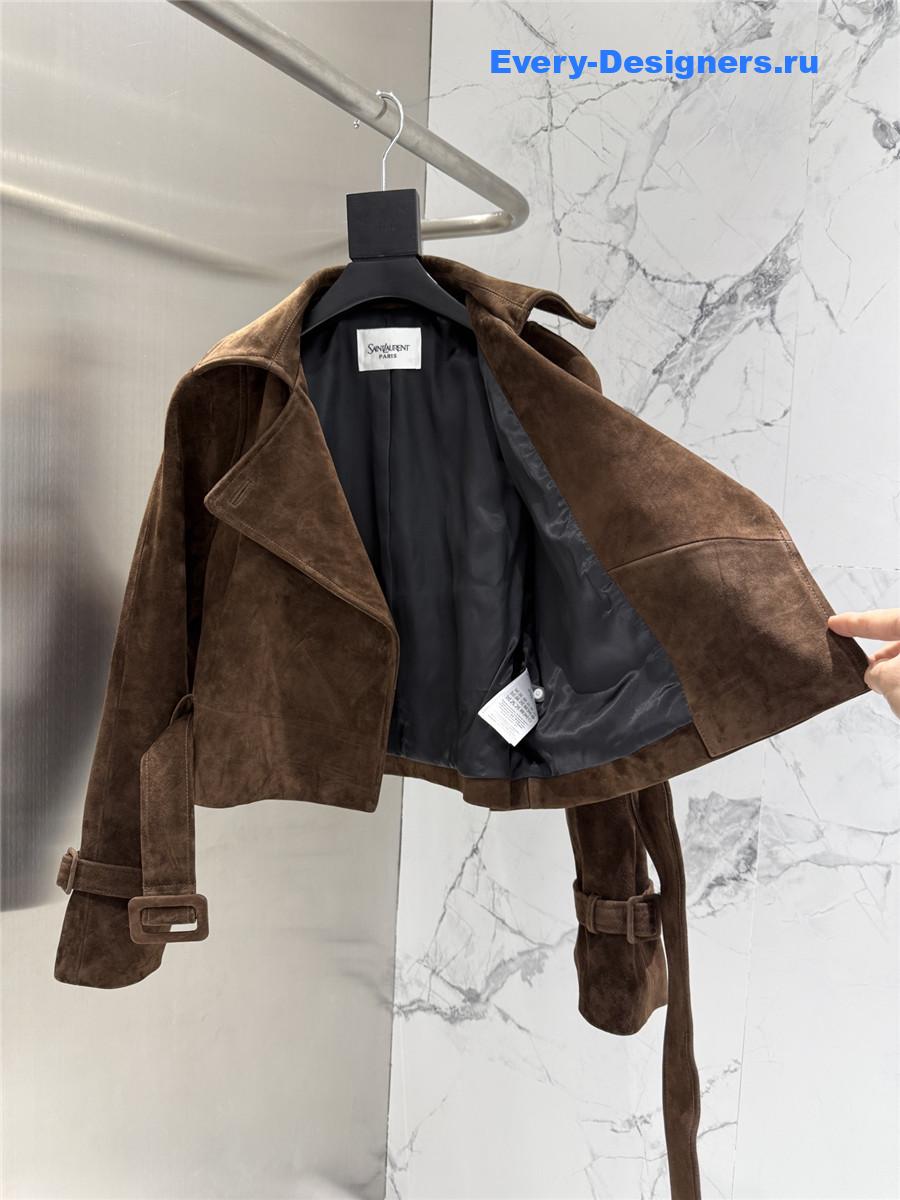 Sa1nt Lau*nt dark brown short suede trench coat