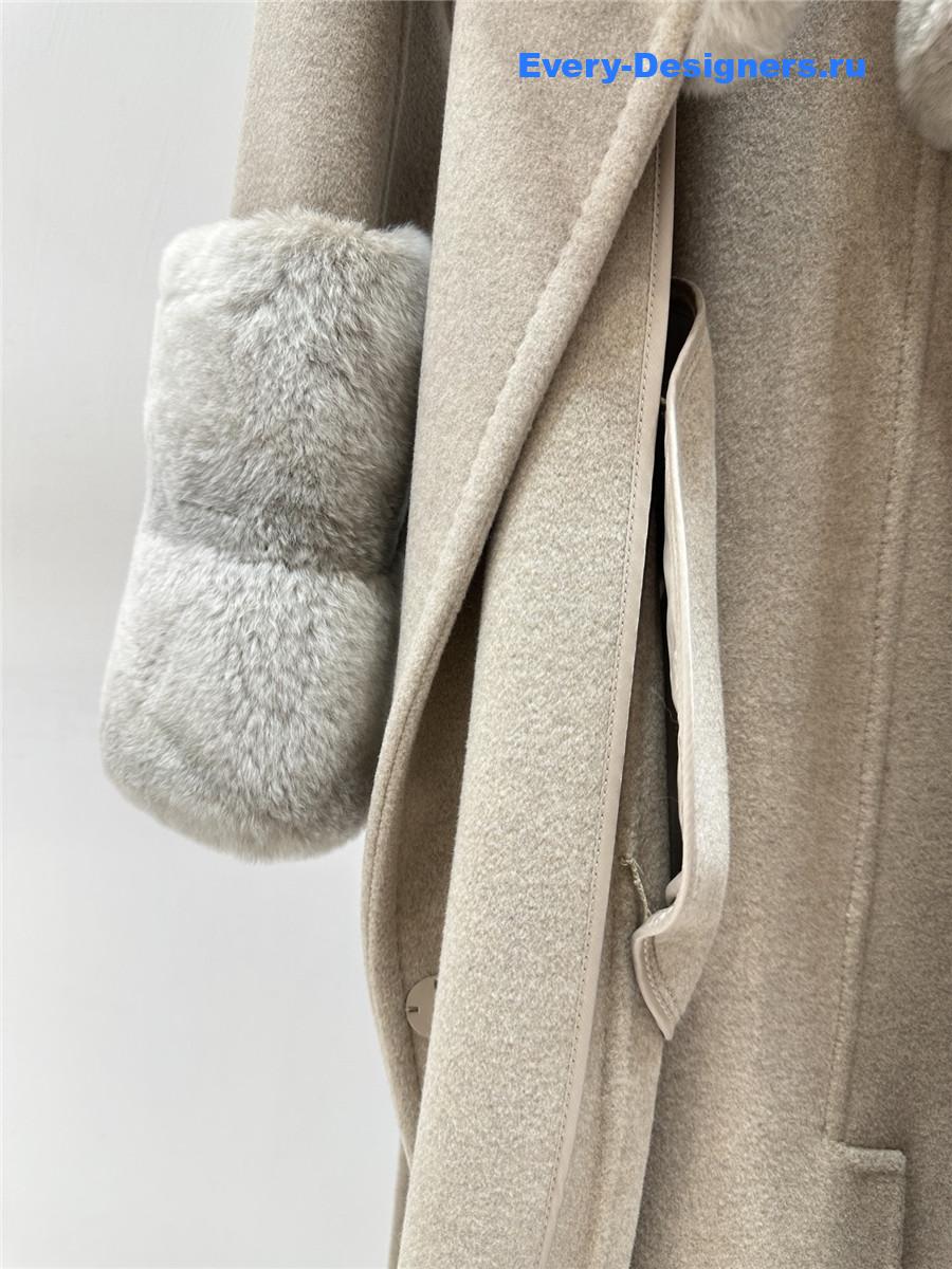 F**di beige real rex rabbit fur collar long trench coat