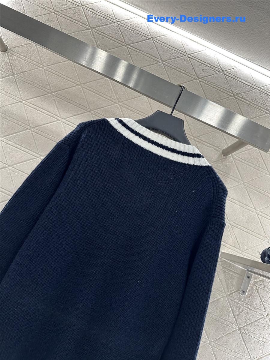 Miu Miu Navy Ribbed Knit V-neck Cardigan