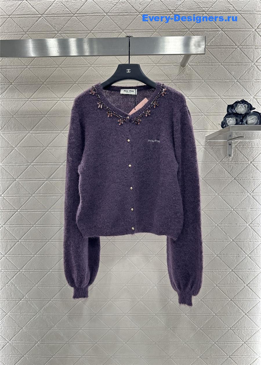 Miu Miu rhinestone purple knitted cardigan