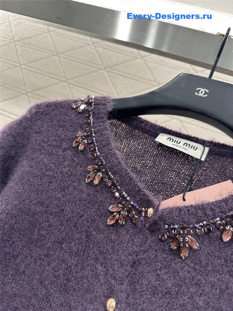Miu Miu rhinestone purple knitted cardigan