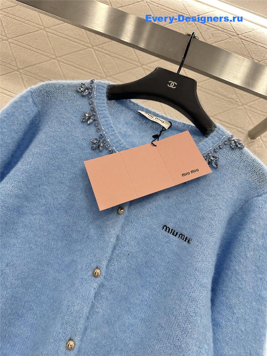 Miu Miu rhinestone blue knitted cardigan