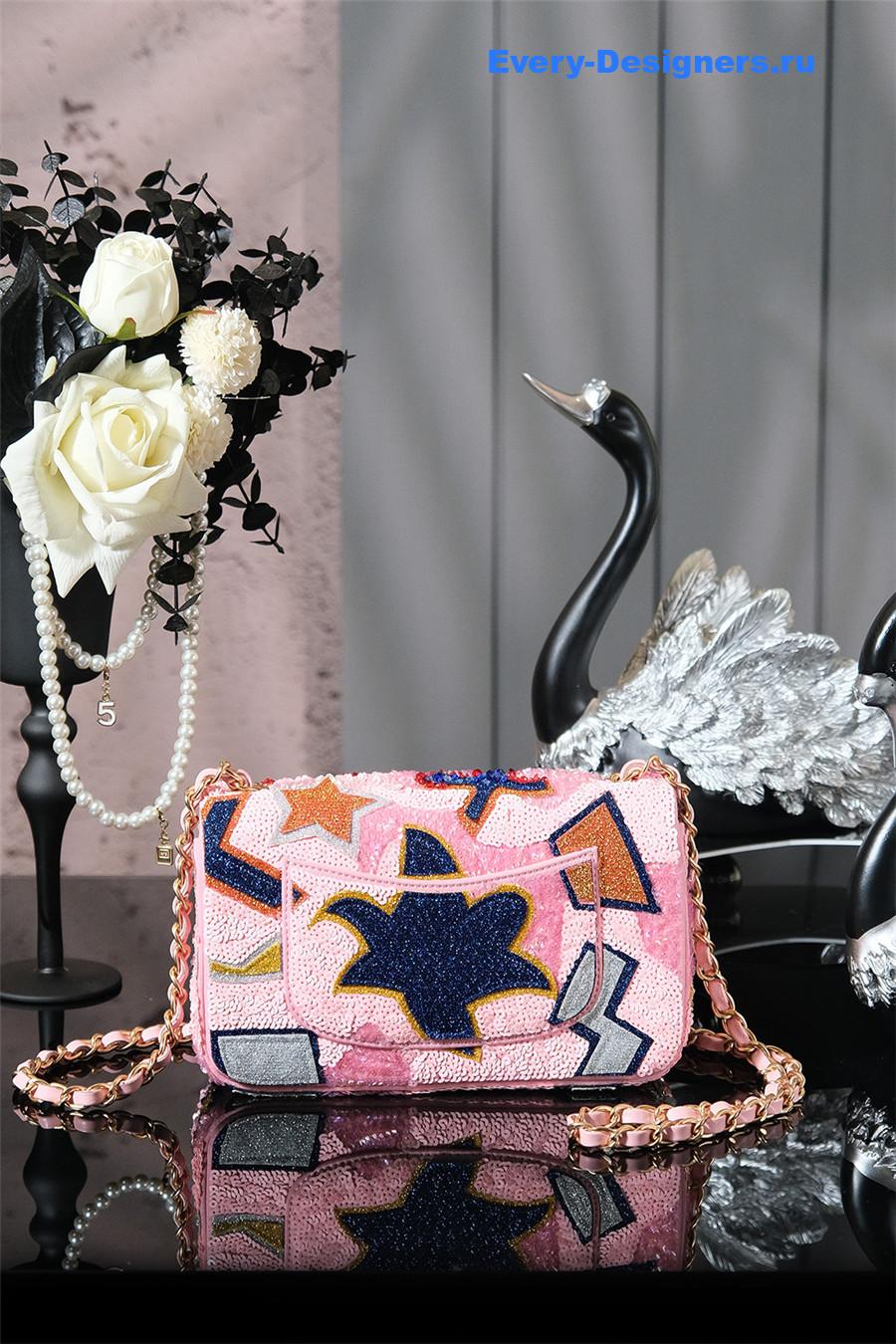 Ch**el pink satin sequin embellished flap bag