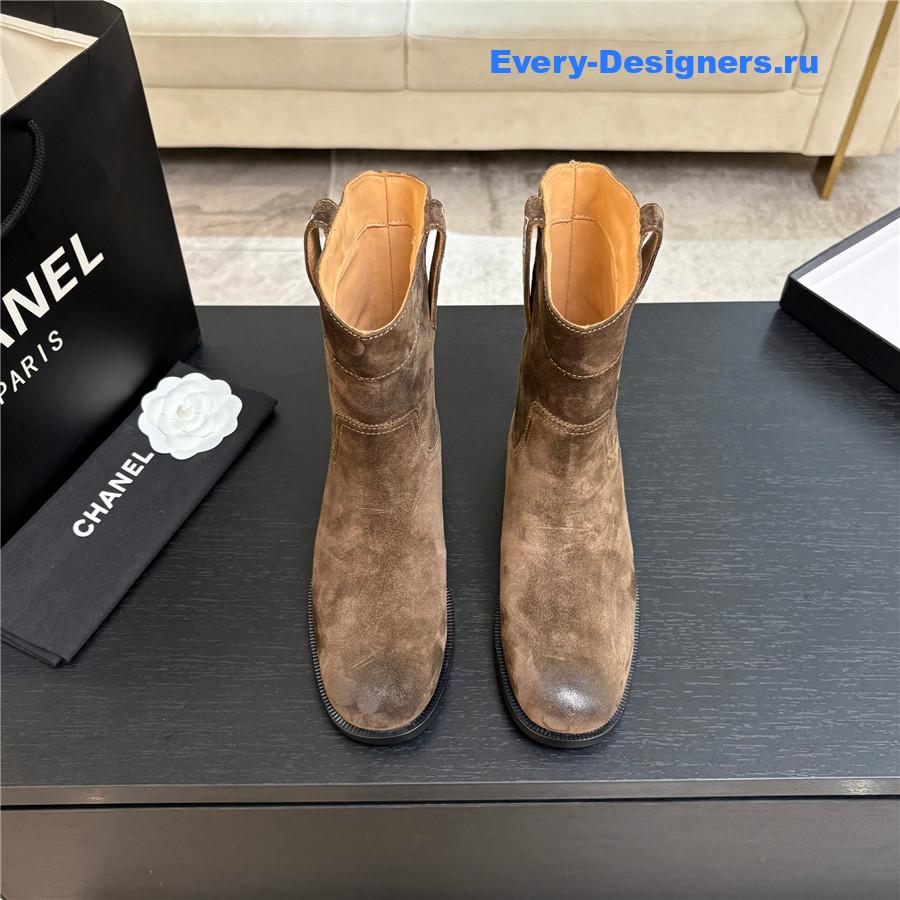 Ch**el cc brown suede block heel ankle boots