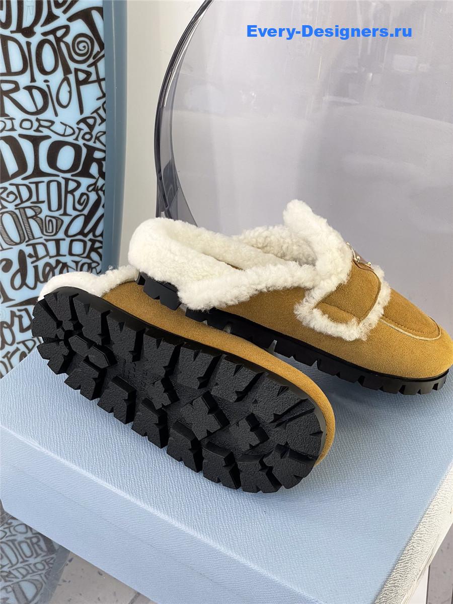 Pra*a brown flat shearling fur-lined mules