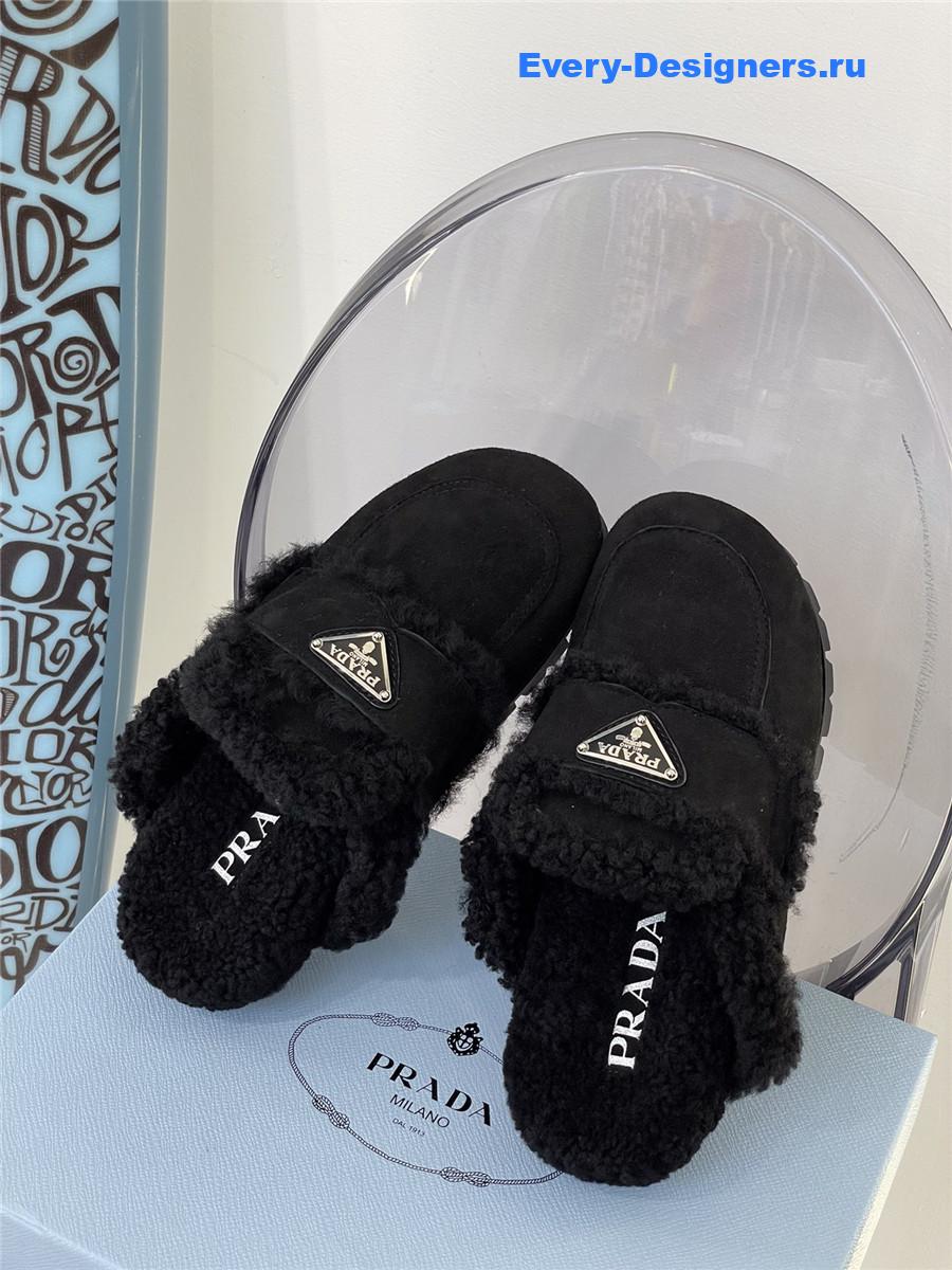 Pra*a black flat shearling fur-lined mules