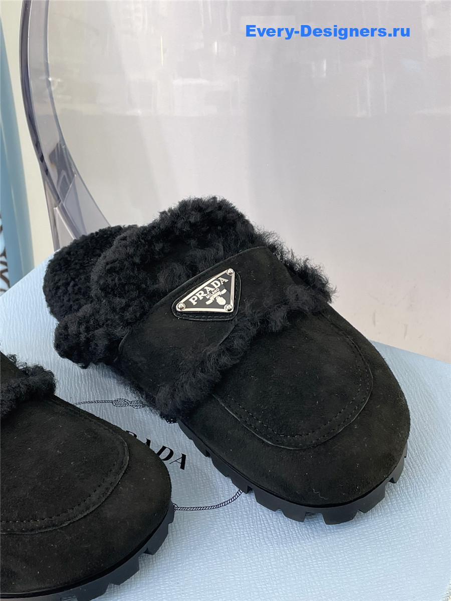 Pra*a black flat shearling fur-lined mules