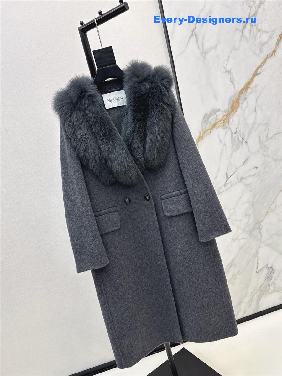 Max Mara Grey Fox Fur Collar Long Coat