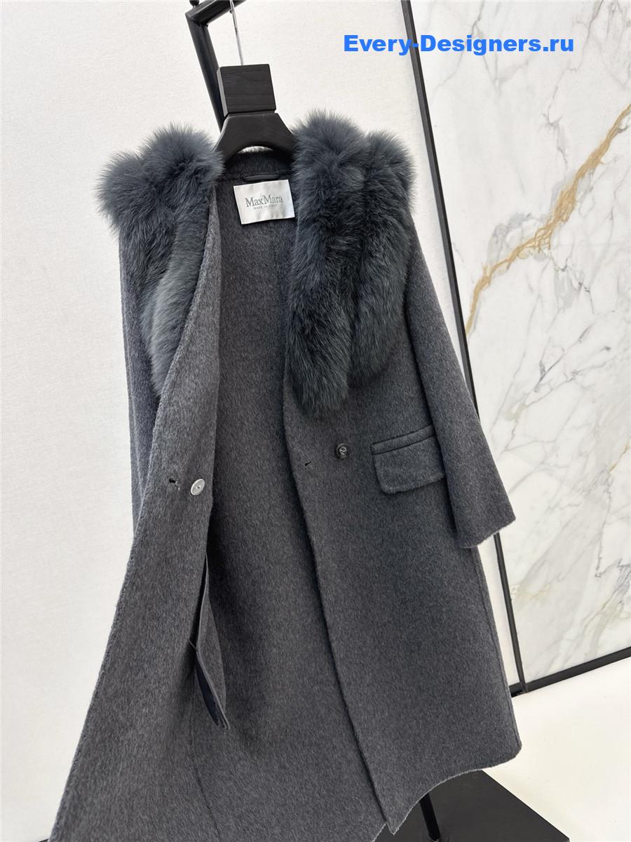 Max Mara Grey Fox Fur Collar Long Coat