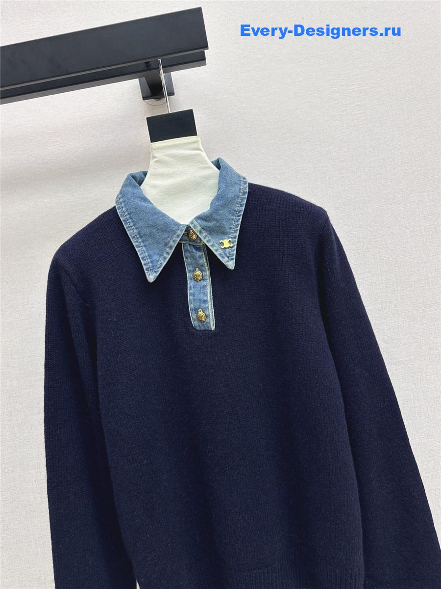 Ce1i*e navy wool denim-trim polo sweater