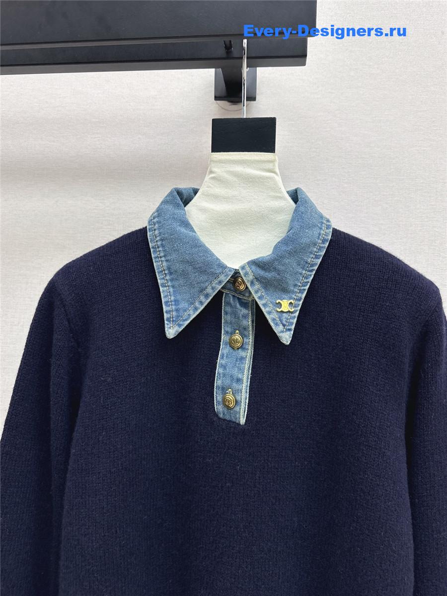 Ce1i*e navy wool denim-trim polo sweater