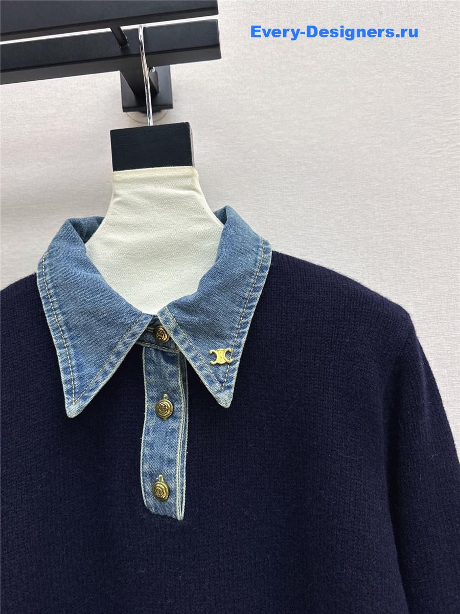 Ce1i*e navy wool denim-trim polo sweater