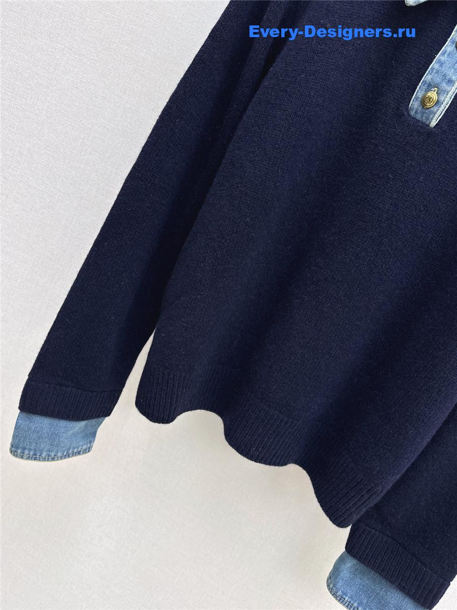 Ce1i*e navy wool denim-trim polo sweater