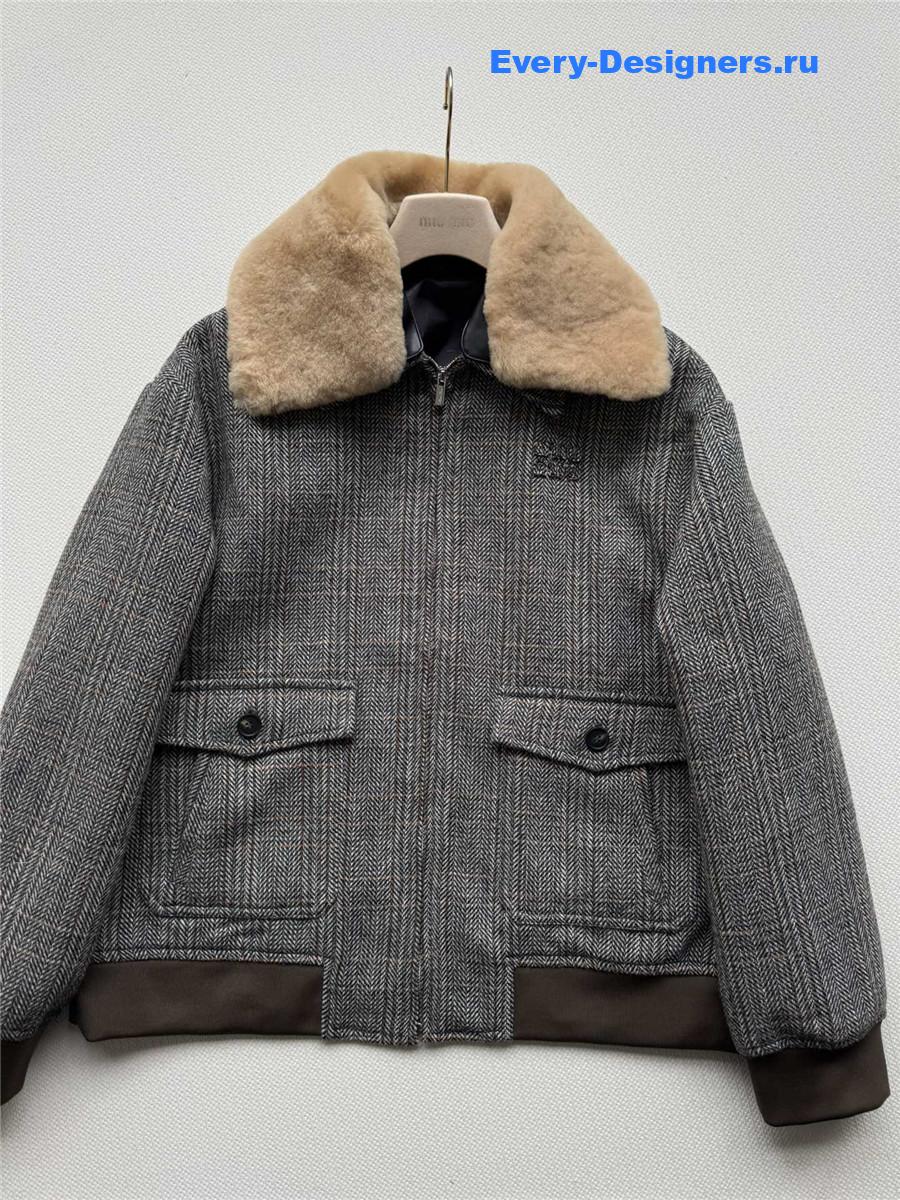 Miu Miu Shearling-Collar Wool Tweed Bomber Jacket