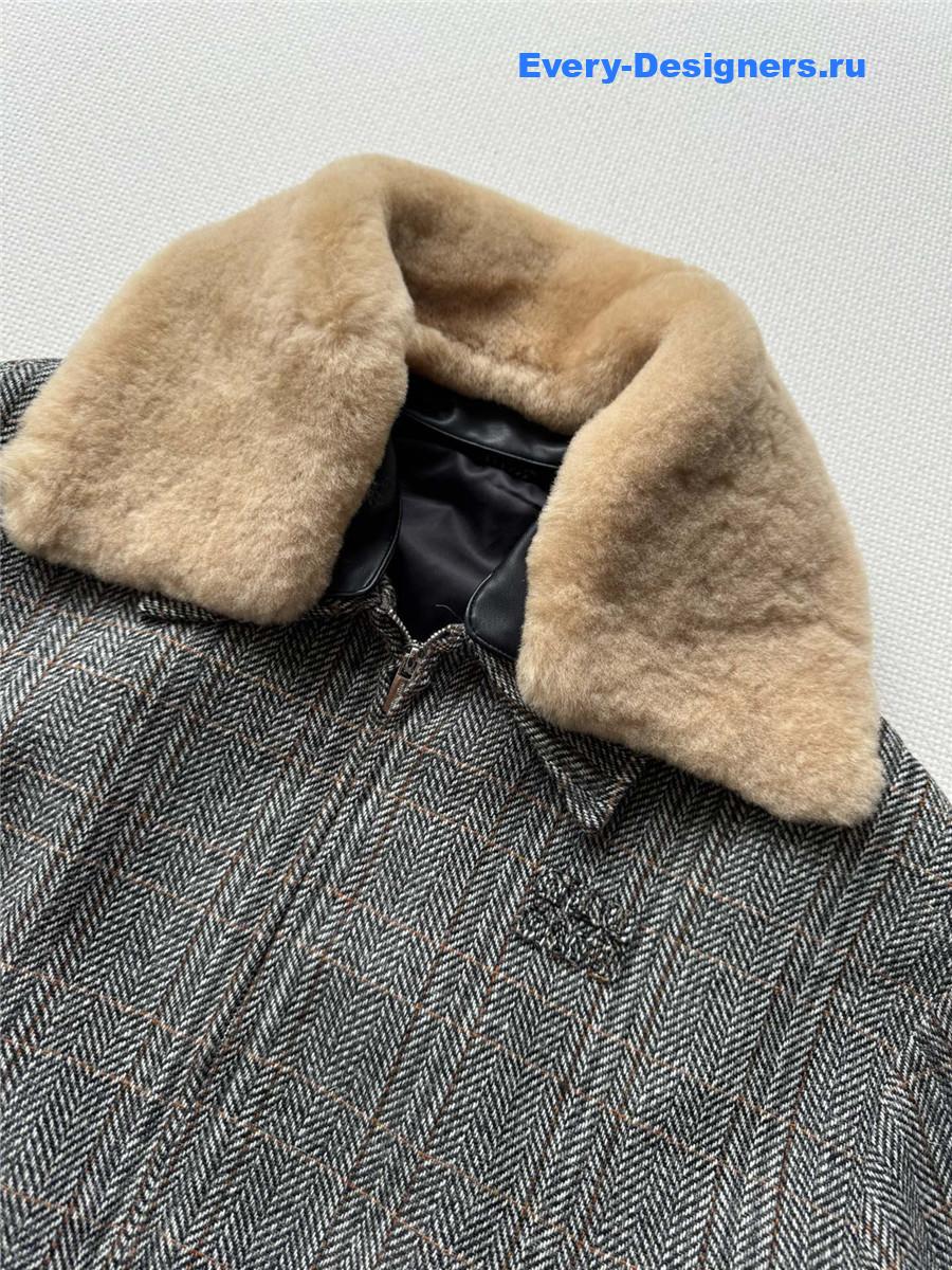 Miu Miu Shearling-Collar Wool Tweed Bomber Jacket