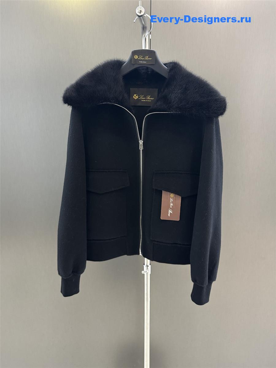 L0r0 P1ana lapel mink black cashmere zip-up jacket