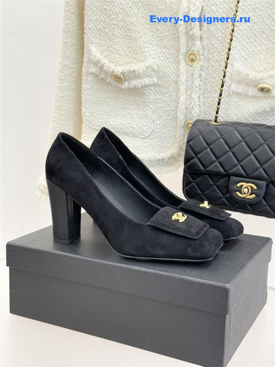 Ch**el black suede square toe pumps