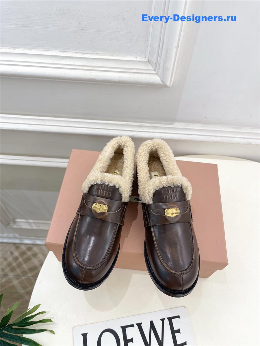 Miu Miu Ebony Bleached Leather Shearling Penny Loafers