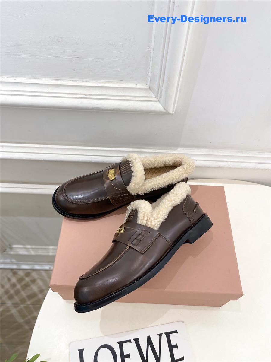 Miu Miu Ebony Bleached Leather Shearling Penny Loafers