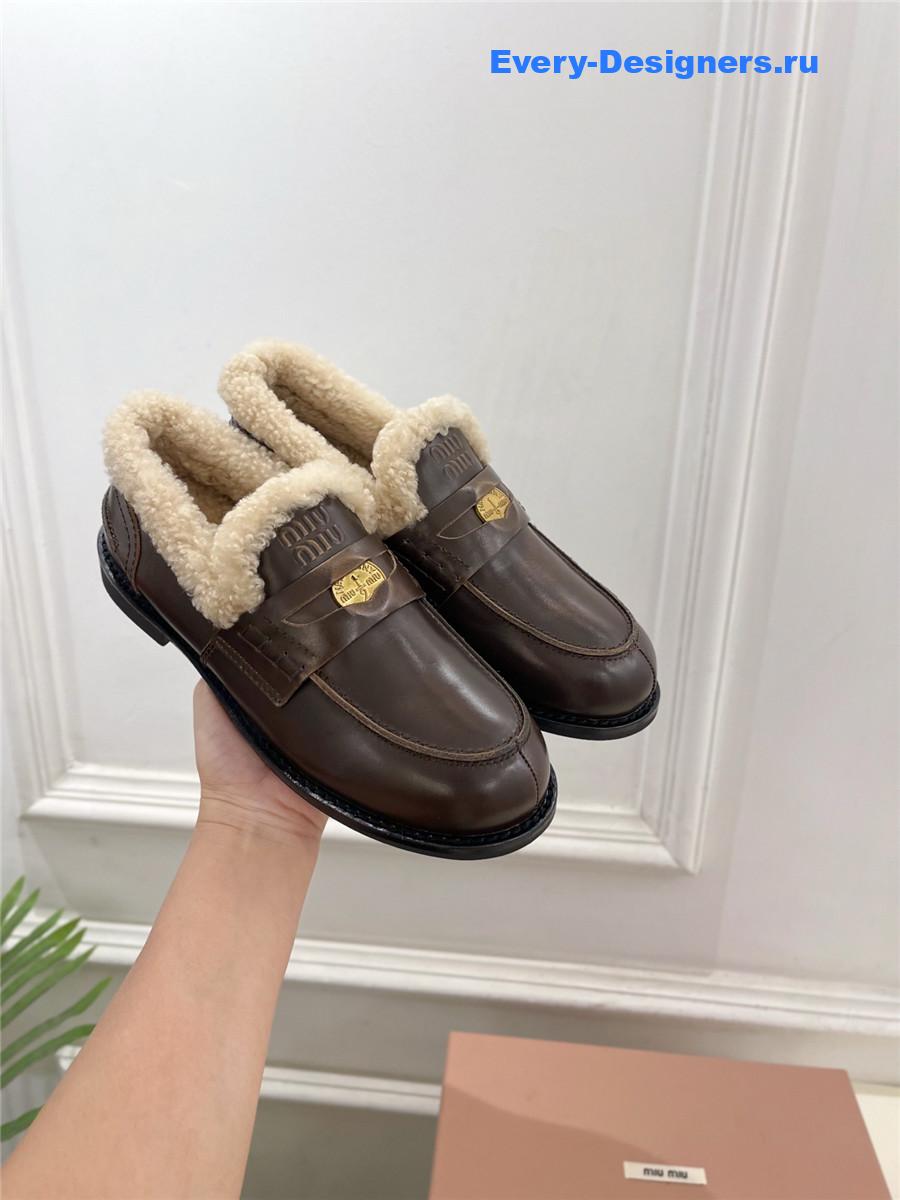 Miu Miu Ebony Bleached Leather Shearling Penny Loafers