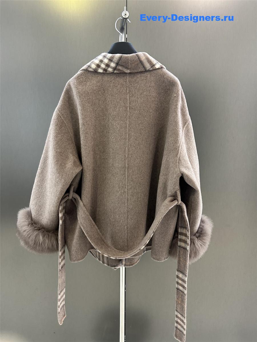 Bv*b*rry classic fox fur check wool coat
