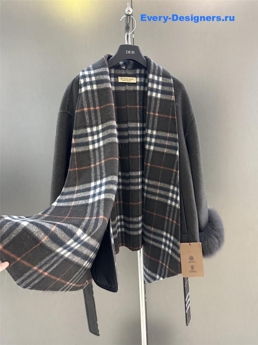 Bv*b*rry grey classic fox fur check wool coat