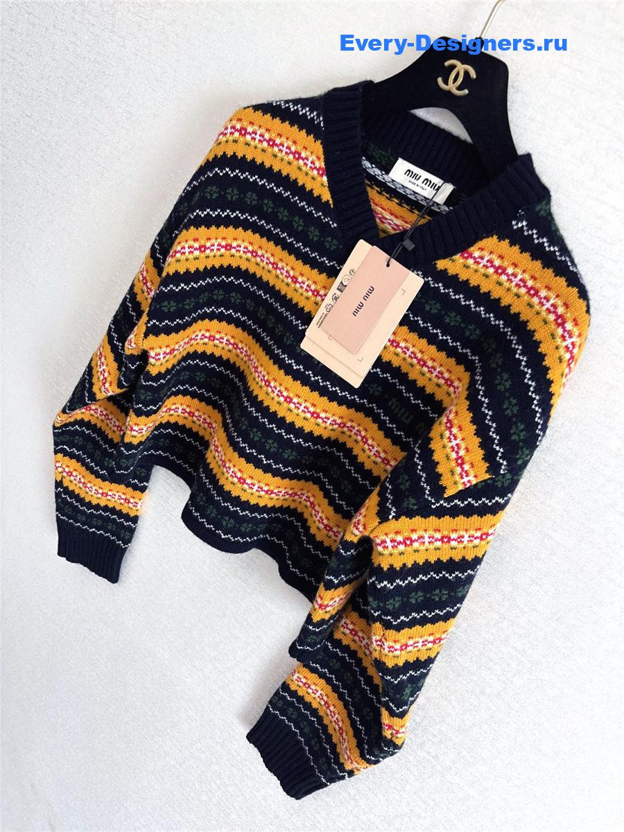 Miu Miu Yellow Striped Wool V-neck Sweater