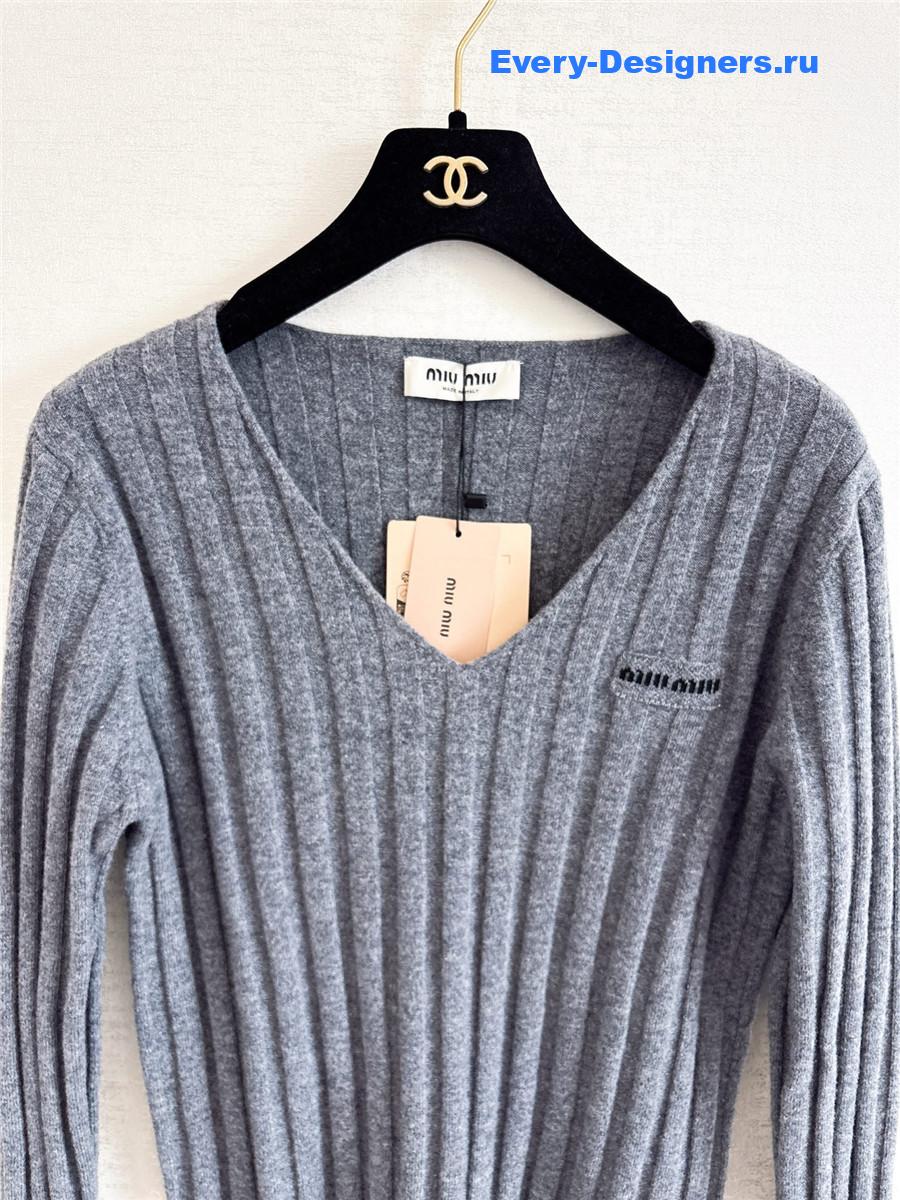 Miu Miu Grey Ribbed V-neck Sweater