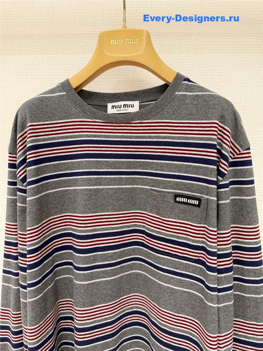 Miu Miu Gray Striped Jersey T-Shirt