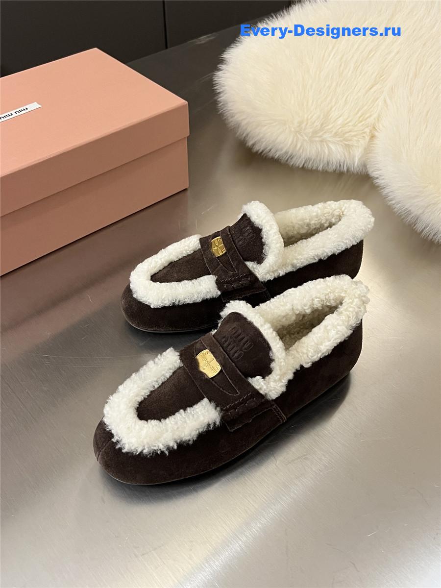 Miu Miu Women Dark Brown Wool Loafers
