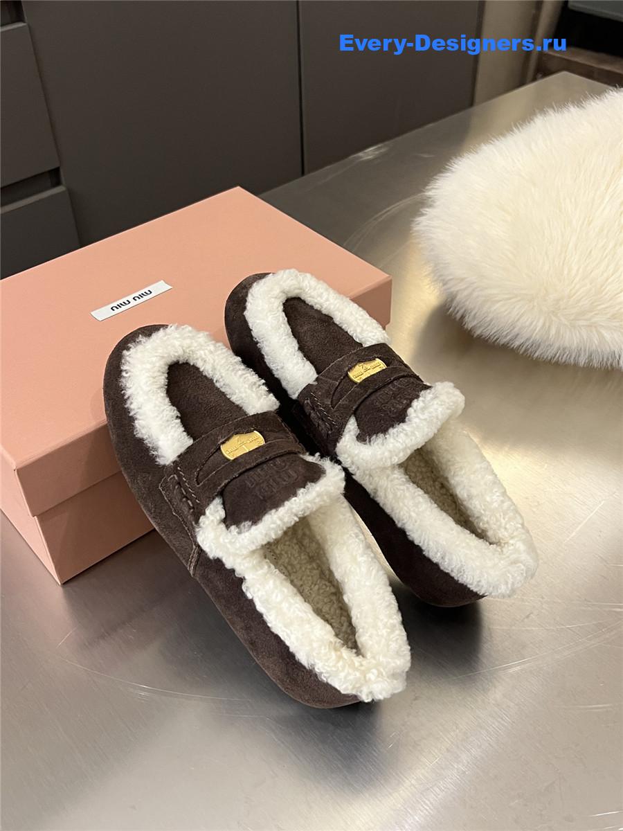 Miu Miu Women Dark Brown Wool Loafers