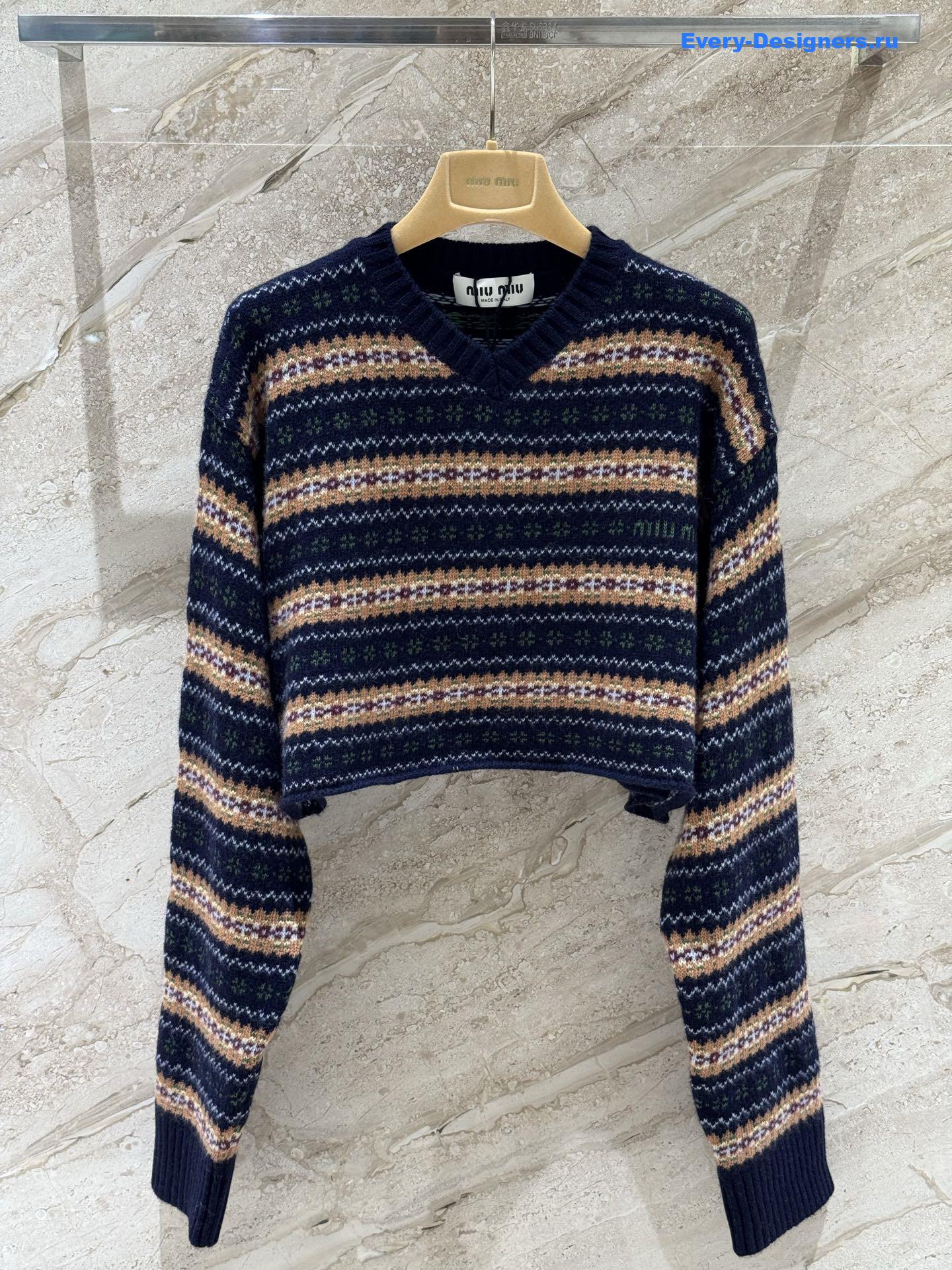 Miu Miu Short Striped V-Neck Knit Sweater