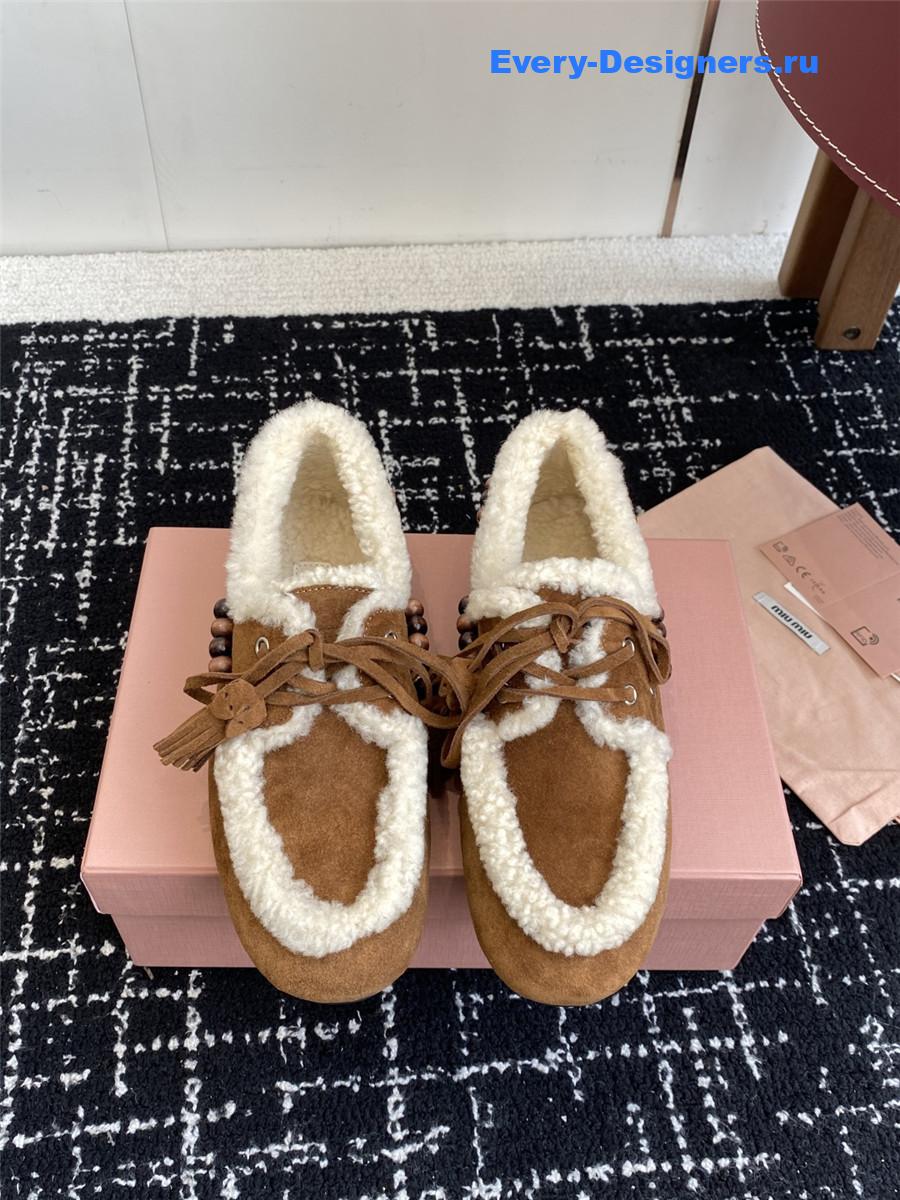 Miu Miu Brown Suede Shearling Lace-up Moccasins