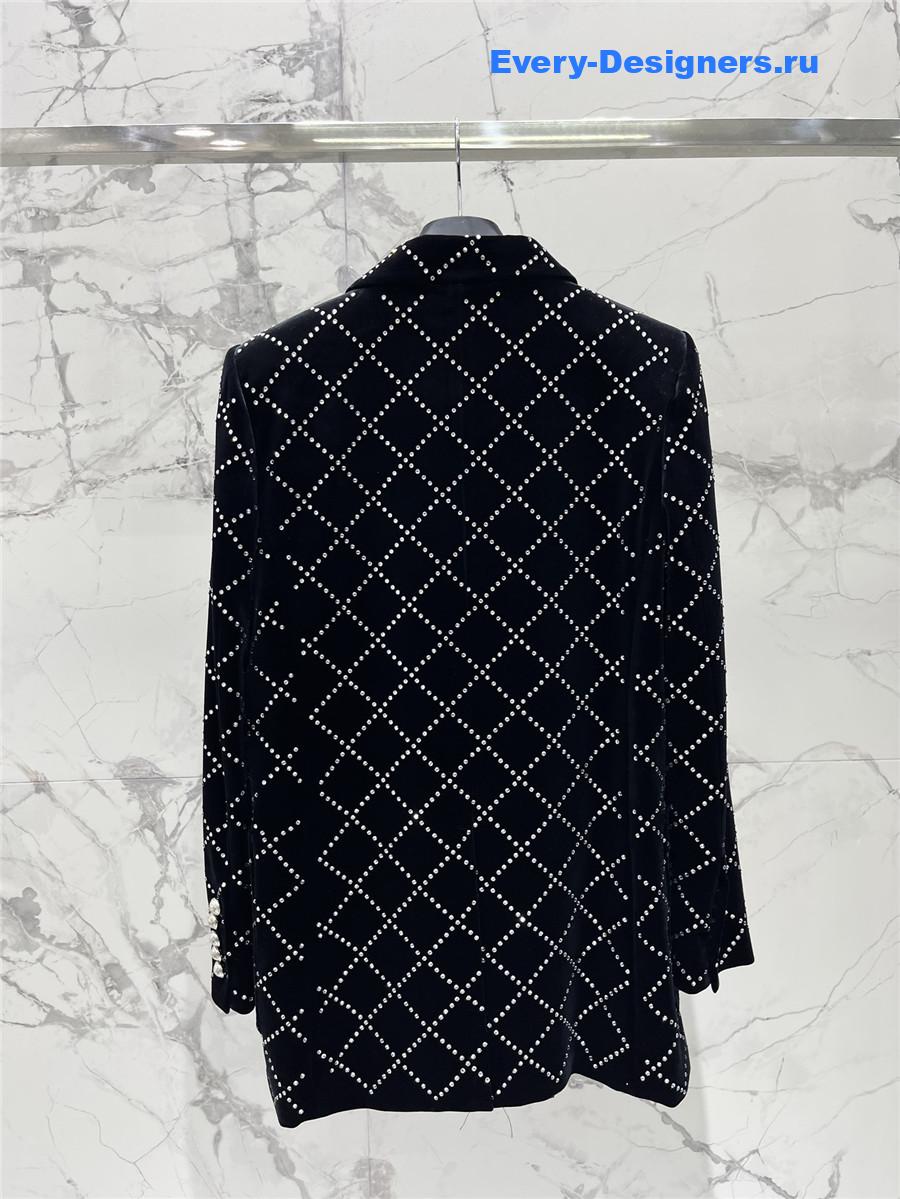 Balmain Black Velvet Rhinestone Quilted Blazer