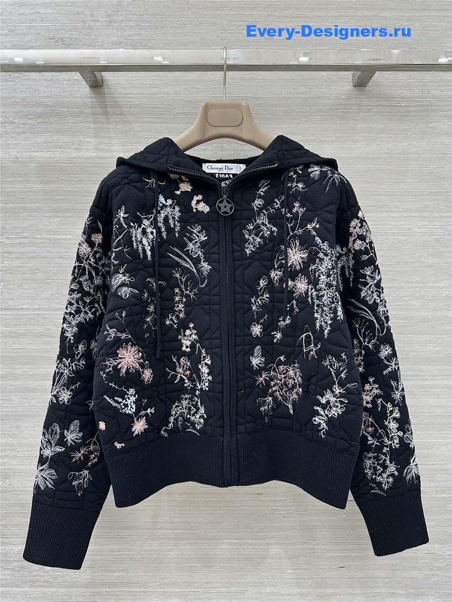 D10r black floral embroidered quilted hooded jacket