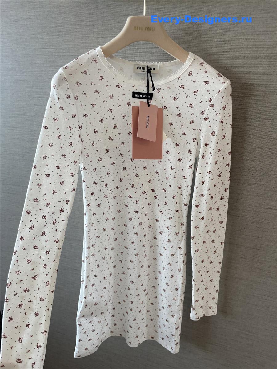 Miu Miu White/tobacco Ribbed Jersey Dress