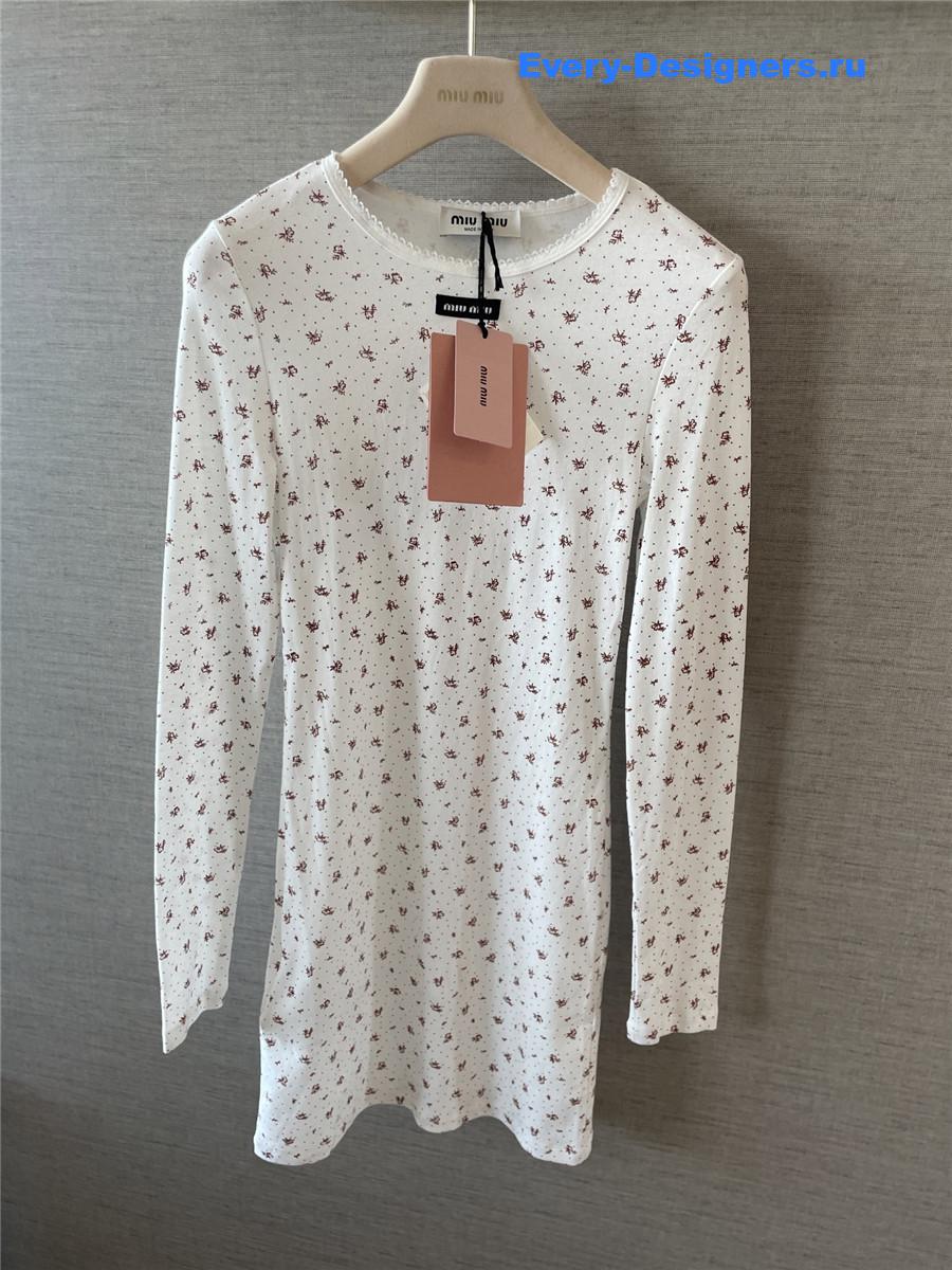 Miu Miu White/tobacco Ribbed Jersey Dress