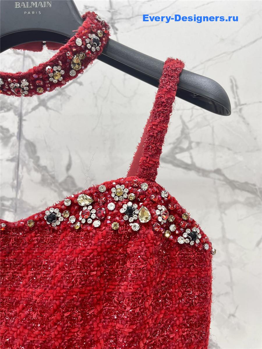 Balmain Rhinestone Red Strapless Dress