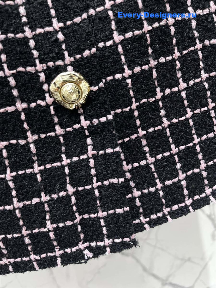 Balmain Paris Black Plaid Tweed Midi Skirt