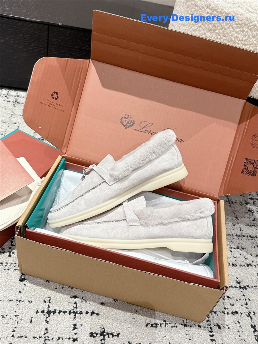 L0r0 P1ana light gray shearling-trim suede loafers