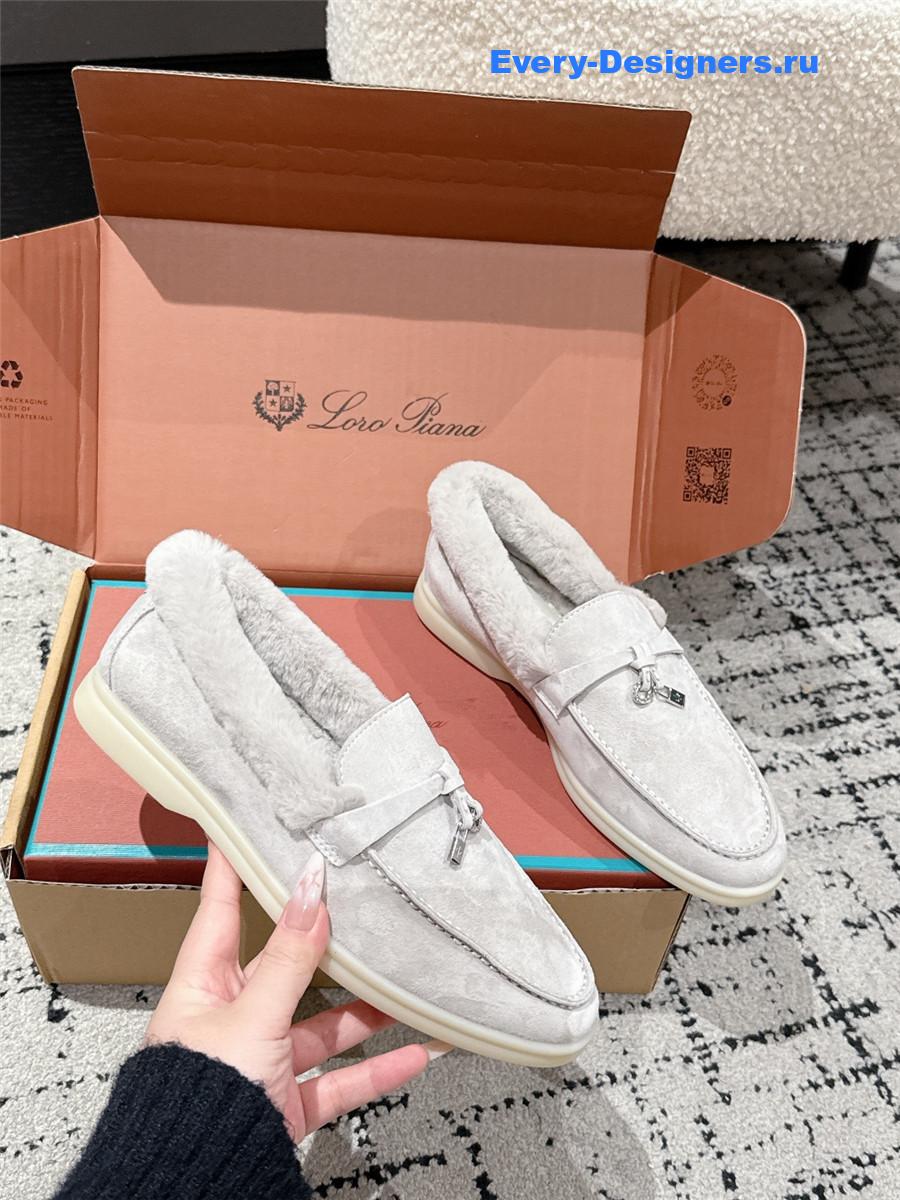 L0r0 P1ana light gray shearling-trim suede loafers